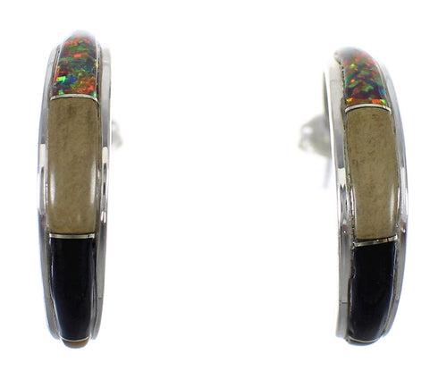 Southwestern Sterling Silver And Multicolor Post Hoop Earrings RX65601